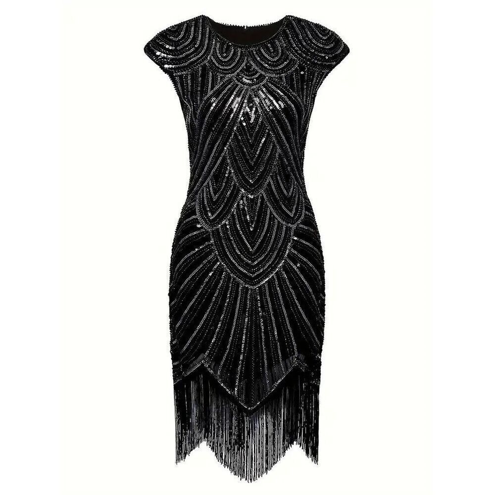 Gatsby Flapper Dress Black Sequins Fringe size S